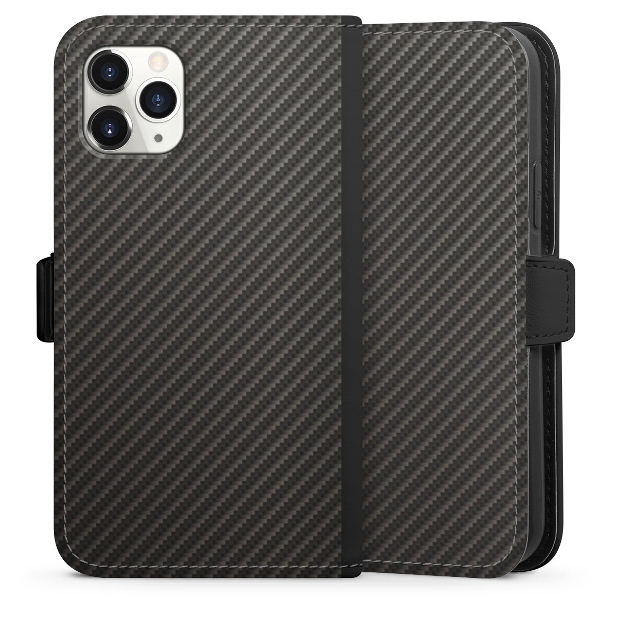 iPhone 11 Pro Handy Klapphülle Handyhülle aus Kunst Leder schwarz Flip Case Metallic Look Carbon Muster Sideflip mit Lasche