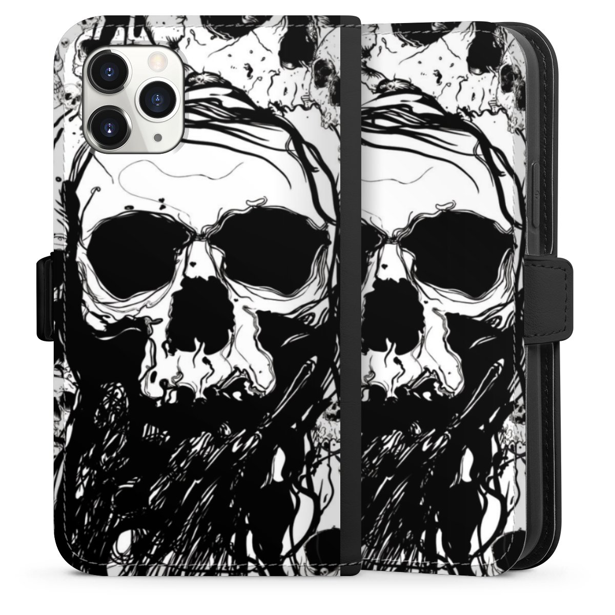 iPhone 11 Pro Handy Klapphülle Handyhülle aus Kunst Leder schwarz Flip Case Totenkopf Halloween Sideflip mit Lasche