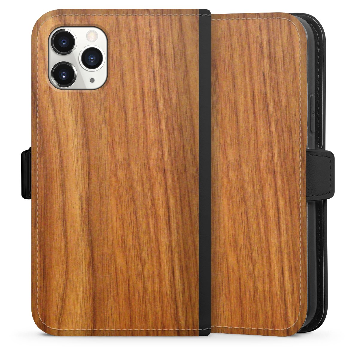 iPhone 11 Pro Handy Klapphülle Handyhülle aus Kunst Leder schwarz Flip Case Wood Larch Wooden Look Sideflip mit Lasche