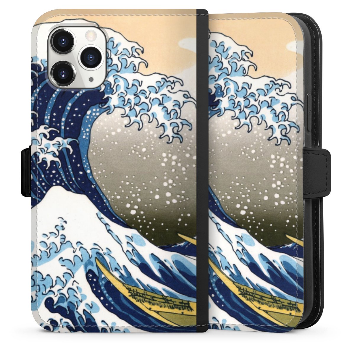 iPhone 11 Pro Handy Klapphülle Handyhülle aus Kunst Leder schwarz Flip Case Kunst Katsushika Hokusai Die Große Welle Vor Kanagawa Sideflip mit Lasche