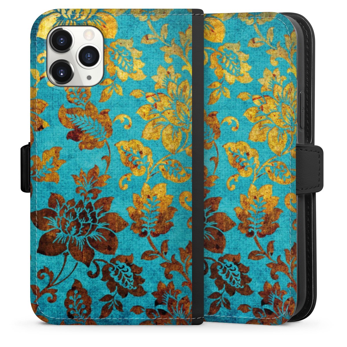 iPhone 11 Pro Handy Klapphülle Handyhülle aus Kunst Leder schwarz Flip Case Ornament Vintage Flowers Sideflip mit Lasche