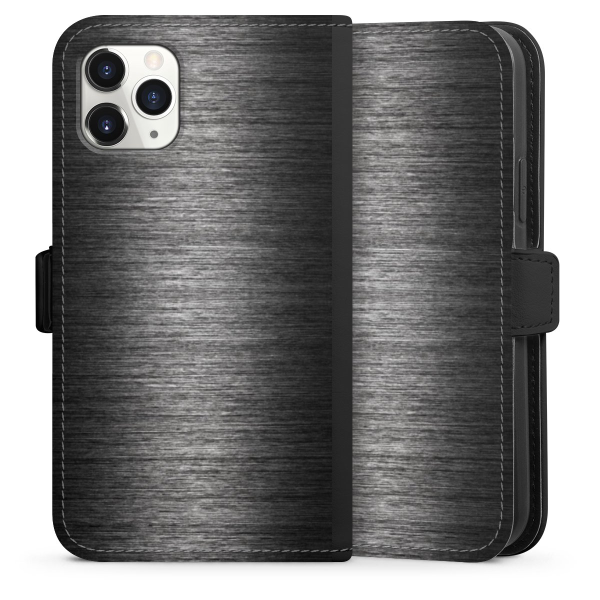 iPhone 11 Pro Handy Klapphülle Handyhülle aus Kunst Leder schwarz Flip Case Metallic Look Anthracite Metal Sideflip mit Lasche