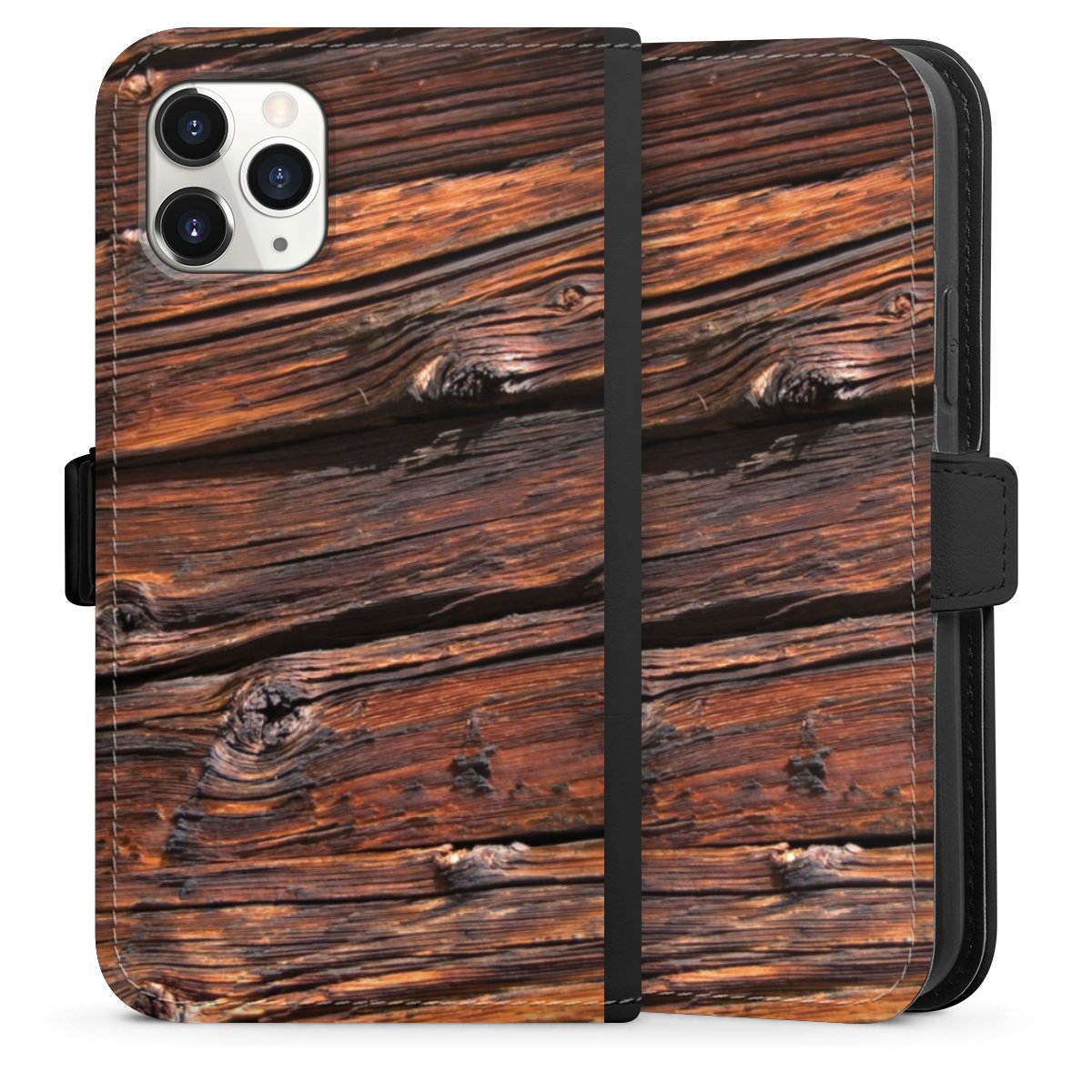 iPhone 11 Pro Handy Klapphülle Handyhülle aus Kunst Leder schwarz Flip Case Beams Wooden Look Wood Sideflip mit Lasche