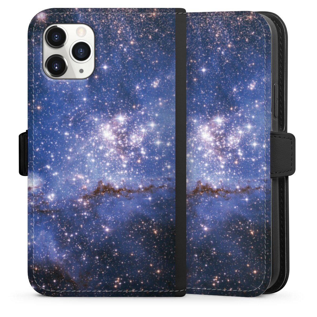 iPhone 11 Pro Handy Klapphülle Handyhülle aus Kunst Leder schwarz Flip Case Weltall Galaxy Weltraum Sideflip mit Lasche