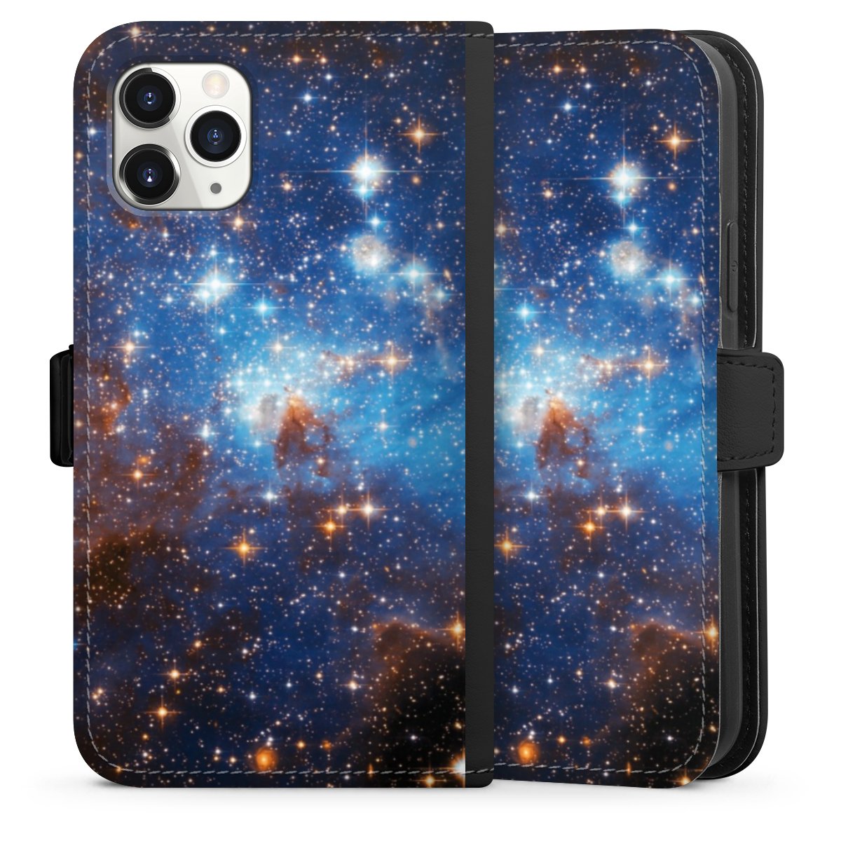 iPhone 11 Pro Handy Klapphülle Handyhülle aus Kunst Leder schwarz Flip Case Star Weltall Galaxy Sideflip mit Lasche