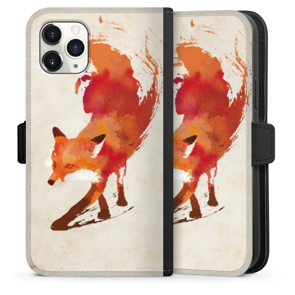 iPhone 11 Pro Handy Klapphülle Handyhülle aus Kunst Leder schwarz Flip Case Fox Graphic Sideflip mit Lasche