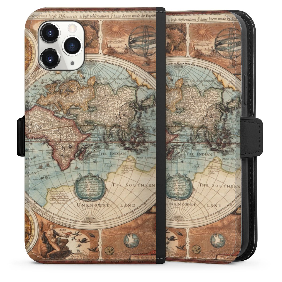 iPhone 11 Pro Handy Klapphülle Handyhülle aus Kunst Leder schwarz Flip Case World Map Vintage Map Sideflip mit Lasche