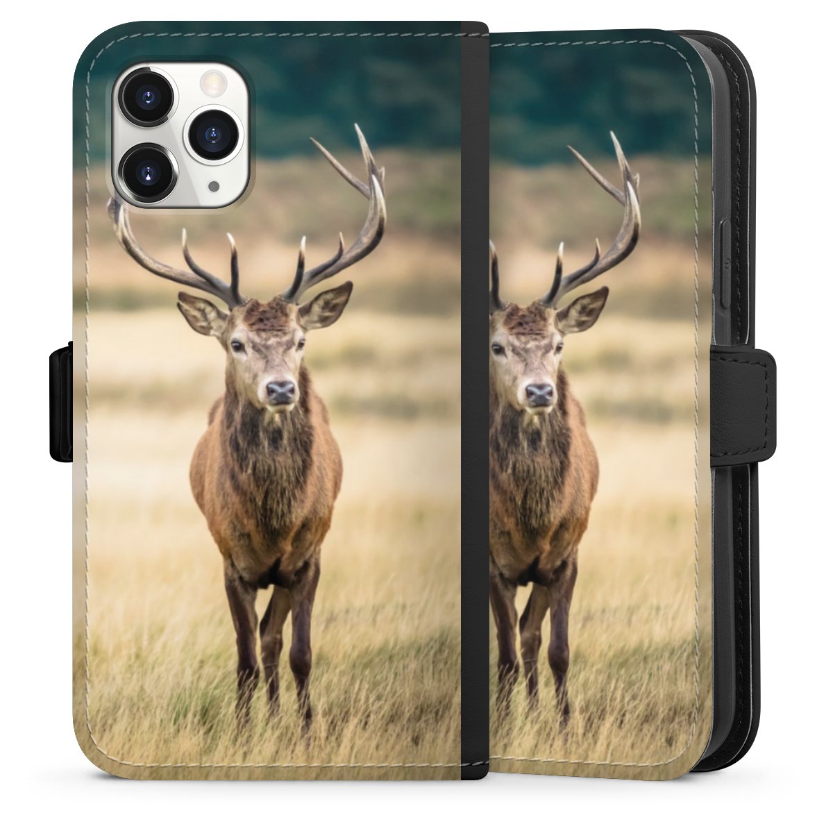 iPhone 11 Pro Handy Klapphülle Handyhülle aus Kunst Leder schwarz Flip Case Deer Meadow Forrest Sideflip mit Lasche