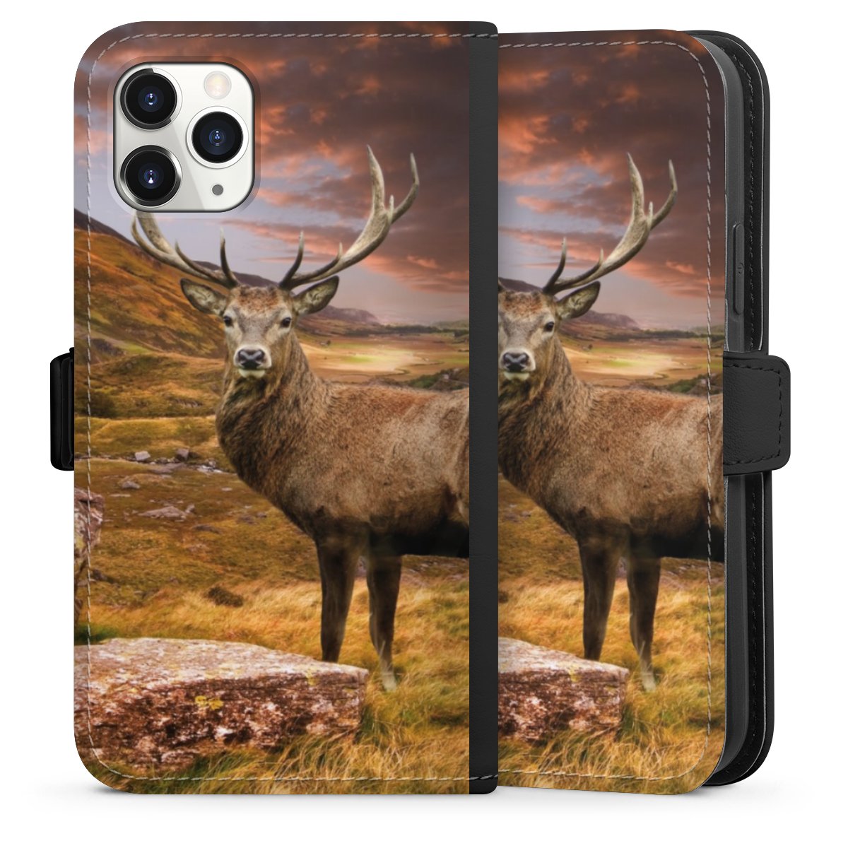 iPhone 11 Pro Handy Klapphülle Handyhülle aus Kunst Leder schwarz Flip Case Meadow Mountain Deer Sideflip mit Lasche