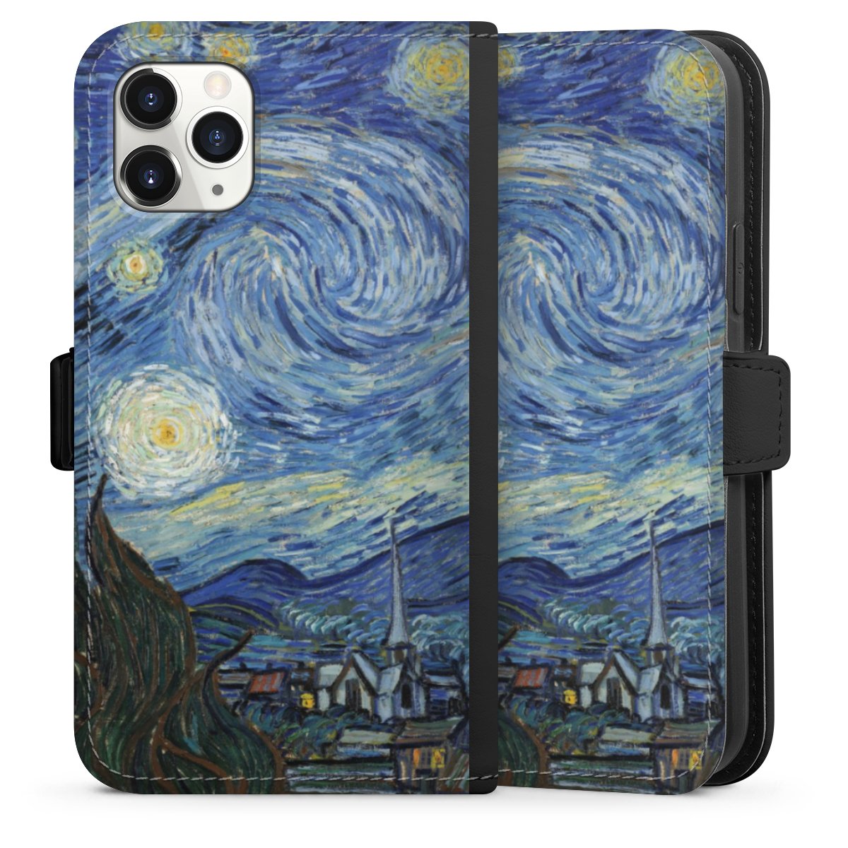 iPhone 11 Pro Handy Klapphülle Handyhülle aus Kunst Leder schwarz Flip Case The Starry Night Kunst Vincent Van Gogh Sideflip mit Lasche