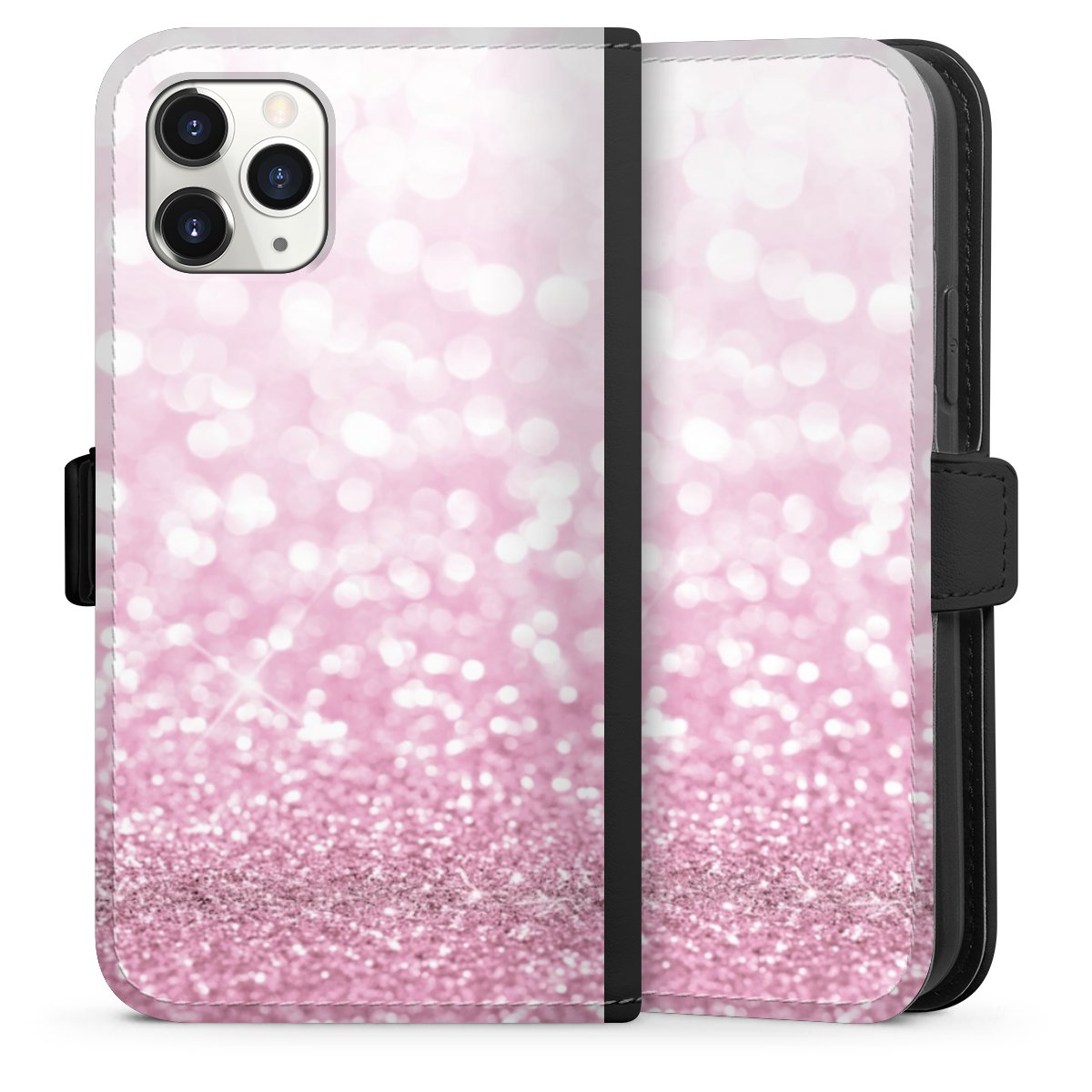 iPhone 11 Pro Handy Klapphülle Handyhülle aus Kunst Leder schwarz Flip Case Glitzer Pink Shine Sideflip mit Lasche