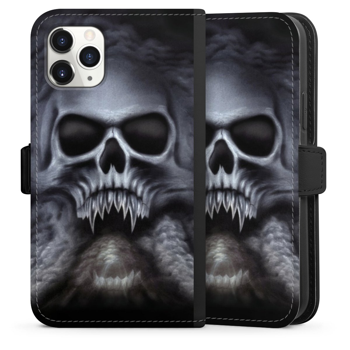 iPhone 11 Pro Handy Klapphülle Handyhülle aus Kunst Leder schwarz Flip Case Totenkopf Skull Sideflip mit Lasche