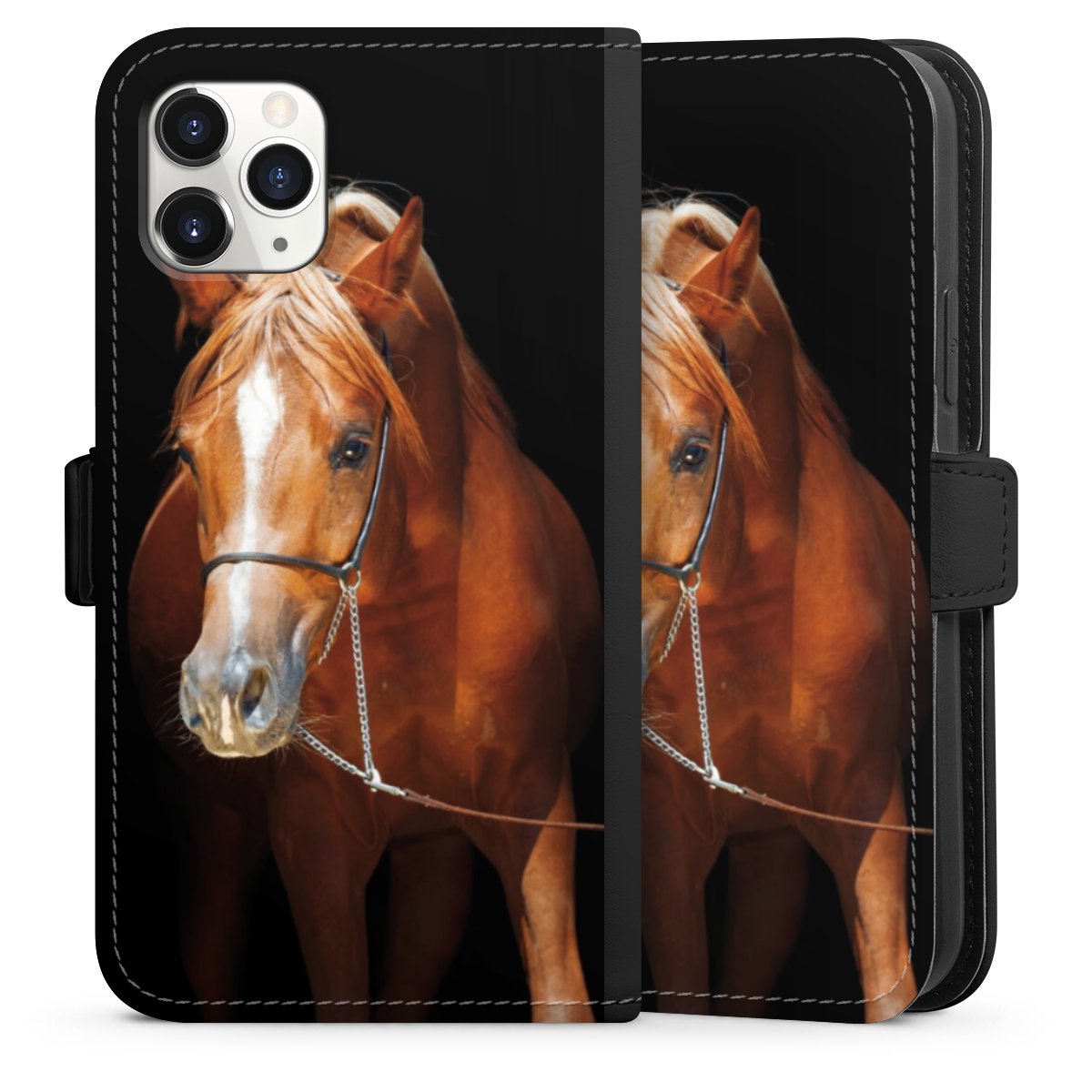 iPhone 11 Pro Handy Klapphülle Handyhülle aus Kunst Leder schwarz Flip Case Mare Horse Hobby Sideflip mit Lasche