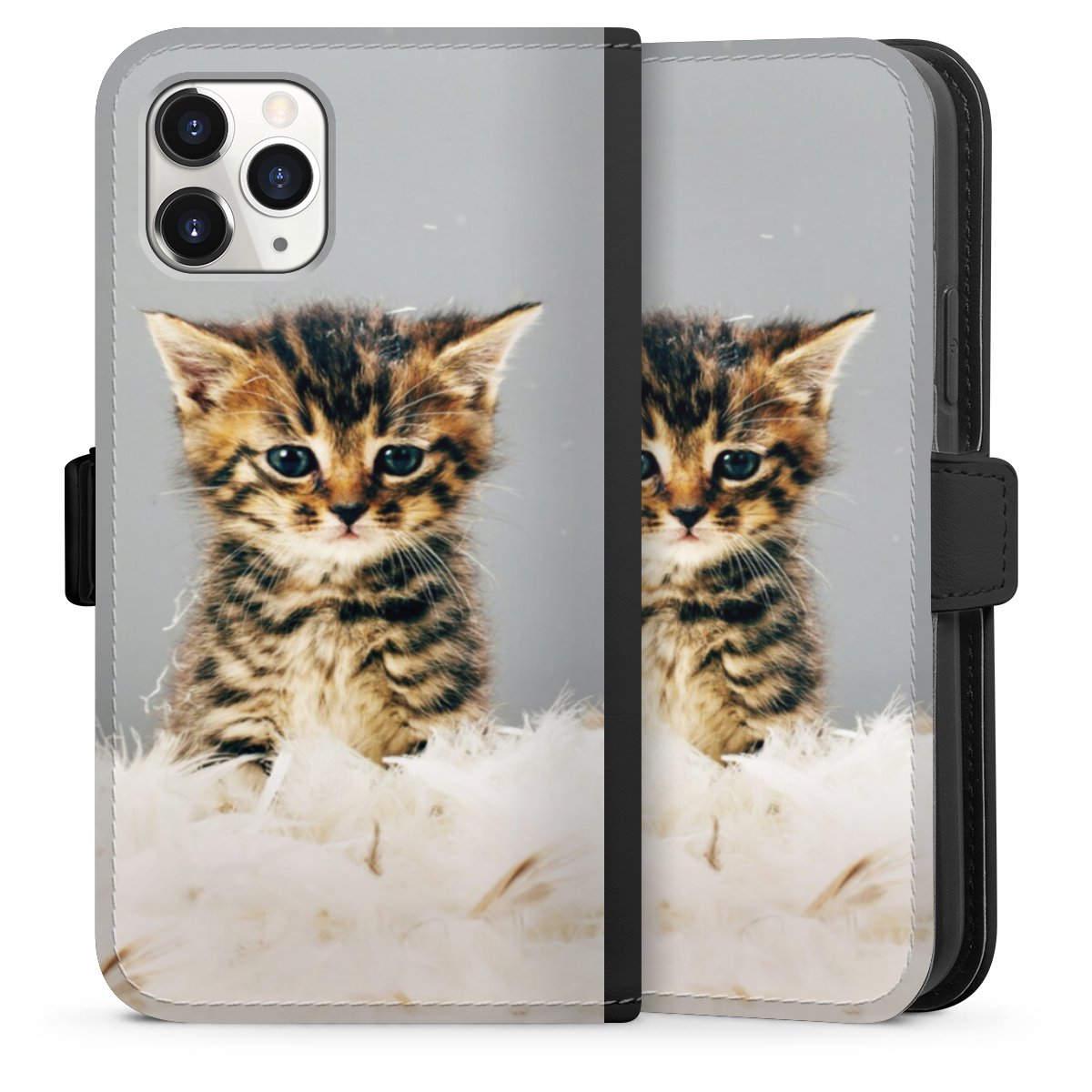 iPhone 11 Pro Handy Klapphülle Handyhülle aus Kunst Leder schwarz Flip Case Cat Feather Pet Sideflip mit Lasche