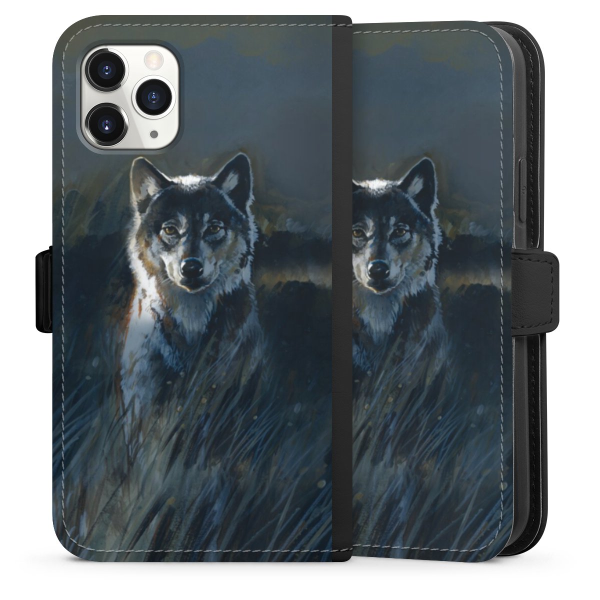 iPhone 11 Pro Handy Klapphülle Handyhülle aus Kunst Leder schwarz Flip Case Nature Wolf Painting Sideflip mit Lasche