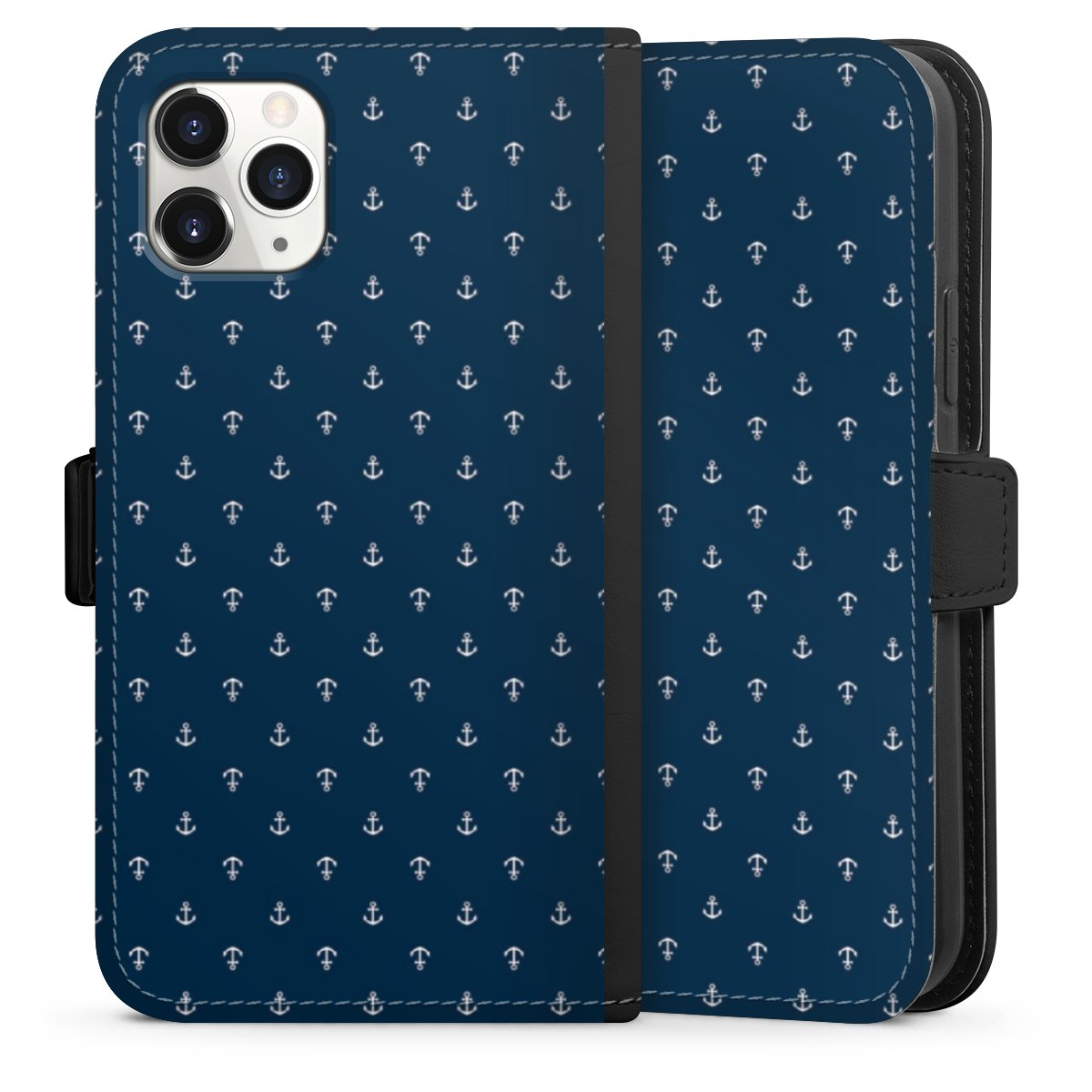 iPhone 11 Pro Handy Klapphülle Handyhülle aus Kunst Leder schwarz Flip Case Muster Anchor Sail Sideflip mit Lasche