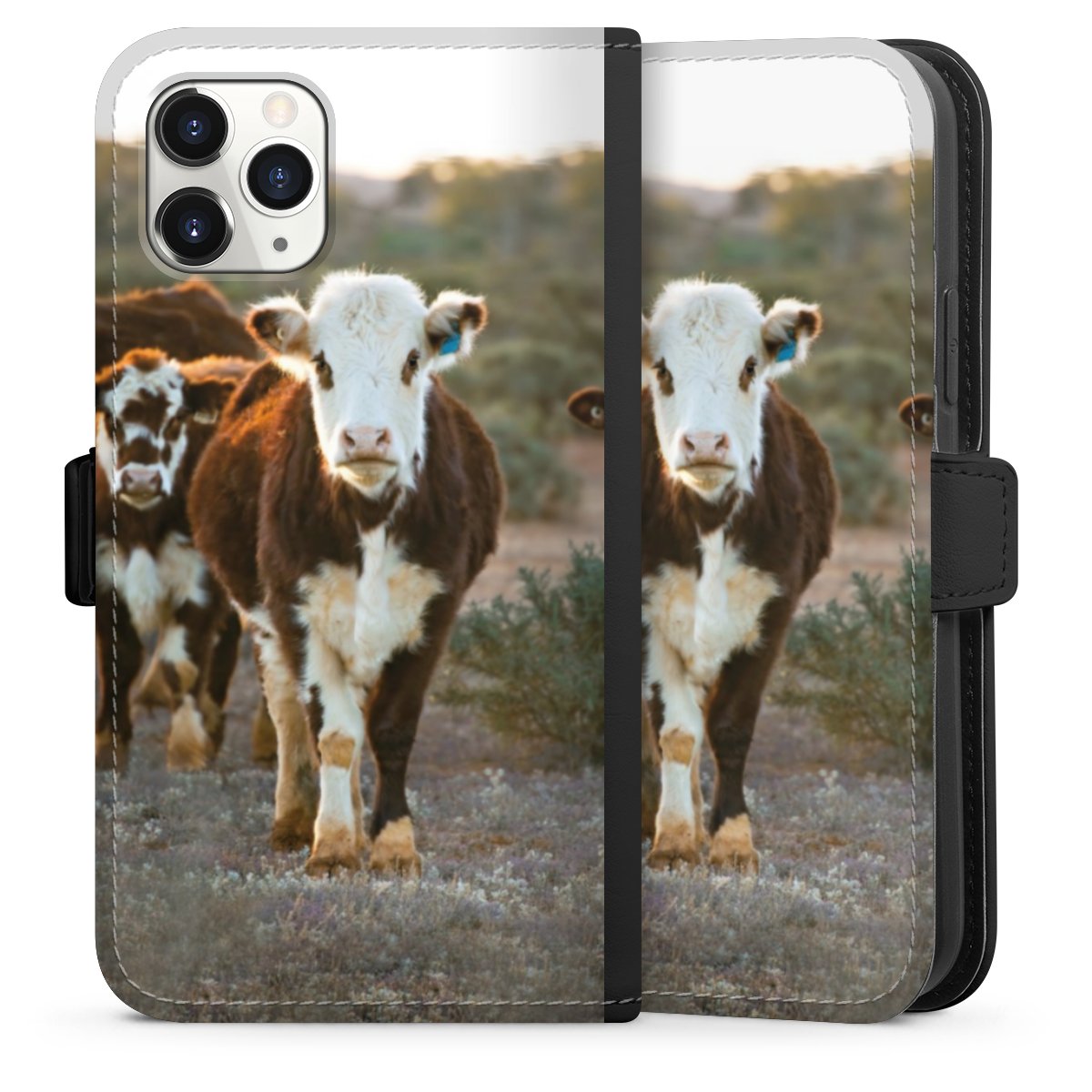 iPhone 11 Pro Handy Klapphülle Handyhülle aus Kunst Leder schwarz Flip Case Cow Farmer Calf Sideflip mit Lasche