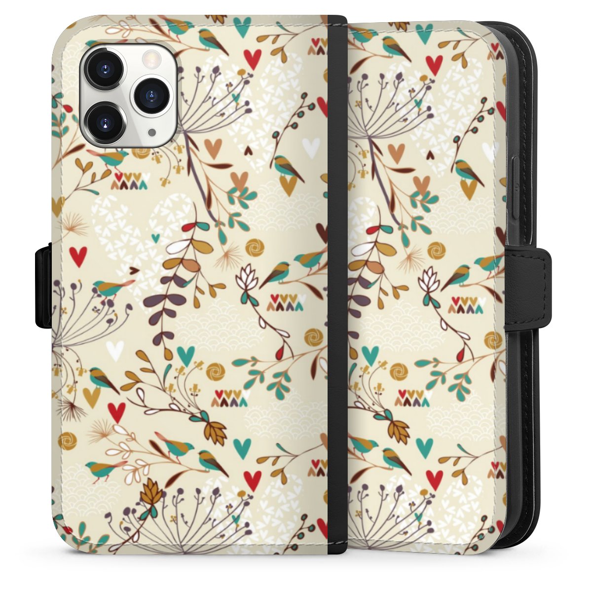 iPhone 11 Pro Handy Klapphülle Handyhülle aus Kunst Leder schwarz Flip Case Bird Flowers Retro Sideflip mit Lasche