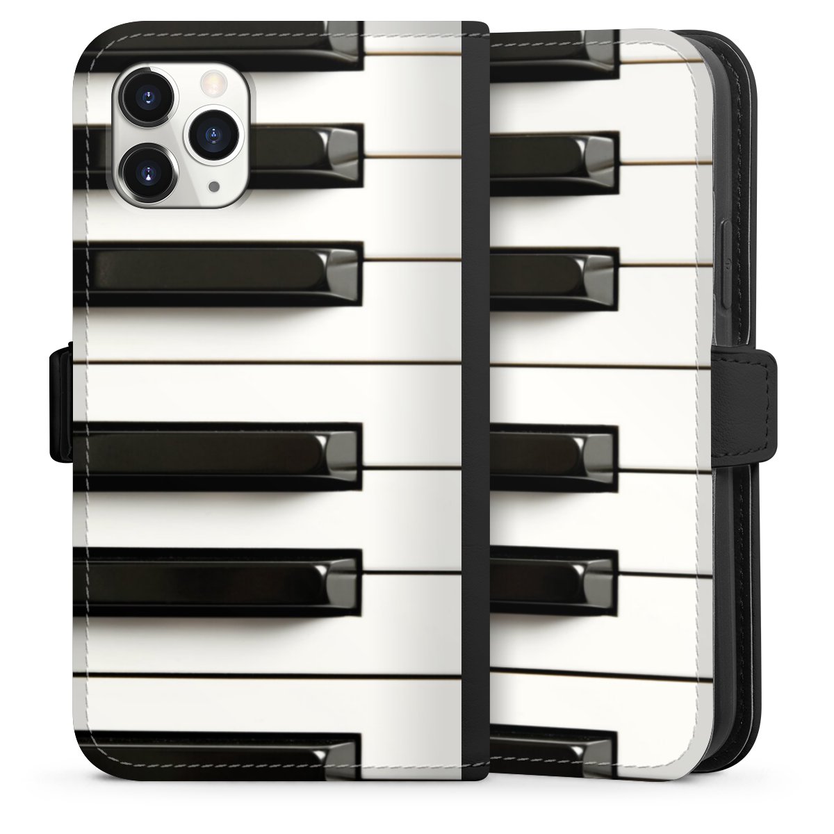 iPhone 11 Pro Handy Klapphülle Handyhülle aus Kunst Leder schwarz Flip Case Klavier Piano Music Sideflip mit Lasche