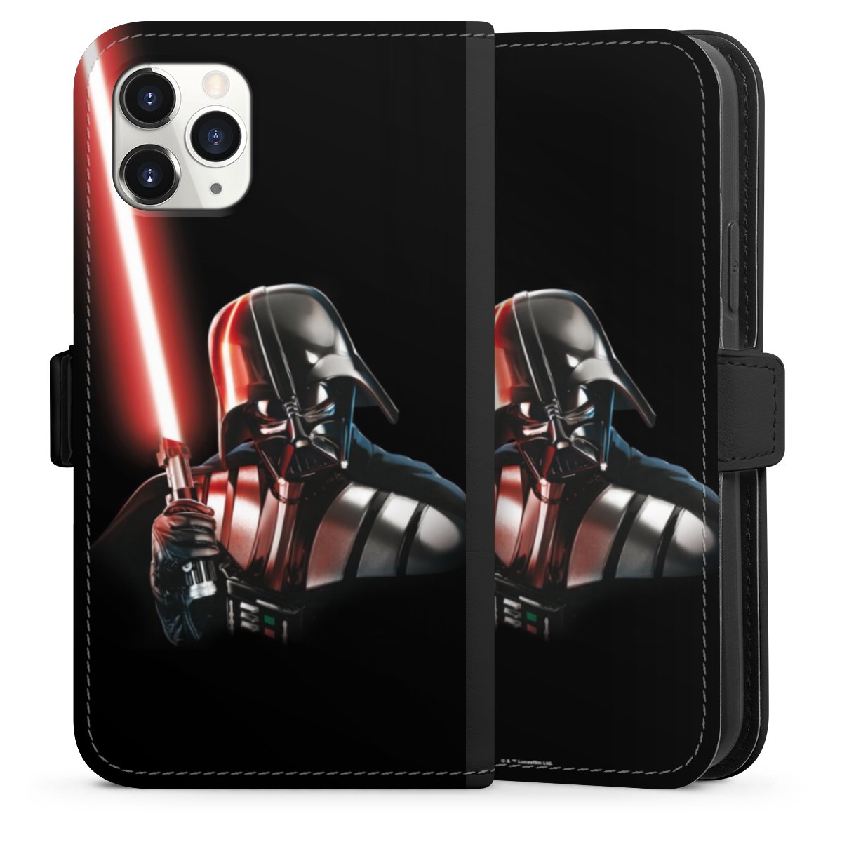 iPhone 11 Pro Handy Klapphülle Handyhülle aus Kunst Leder schwarz Flip Case Star Wars Merchandise Darth Vader Sideflip mit Lasche