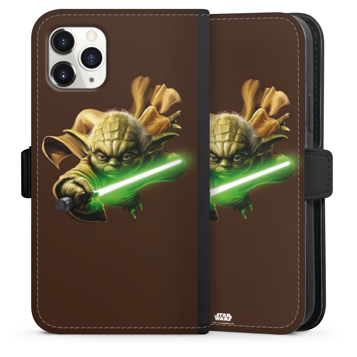 iPhone 11 Pro Handy Klapphülle Handyhülle aus Kunst Leder schwarz Flip Case Yoda Merchandise Star Wars Sideflip mit Lasche