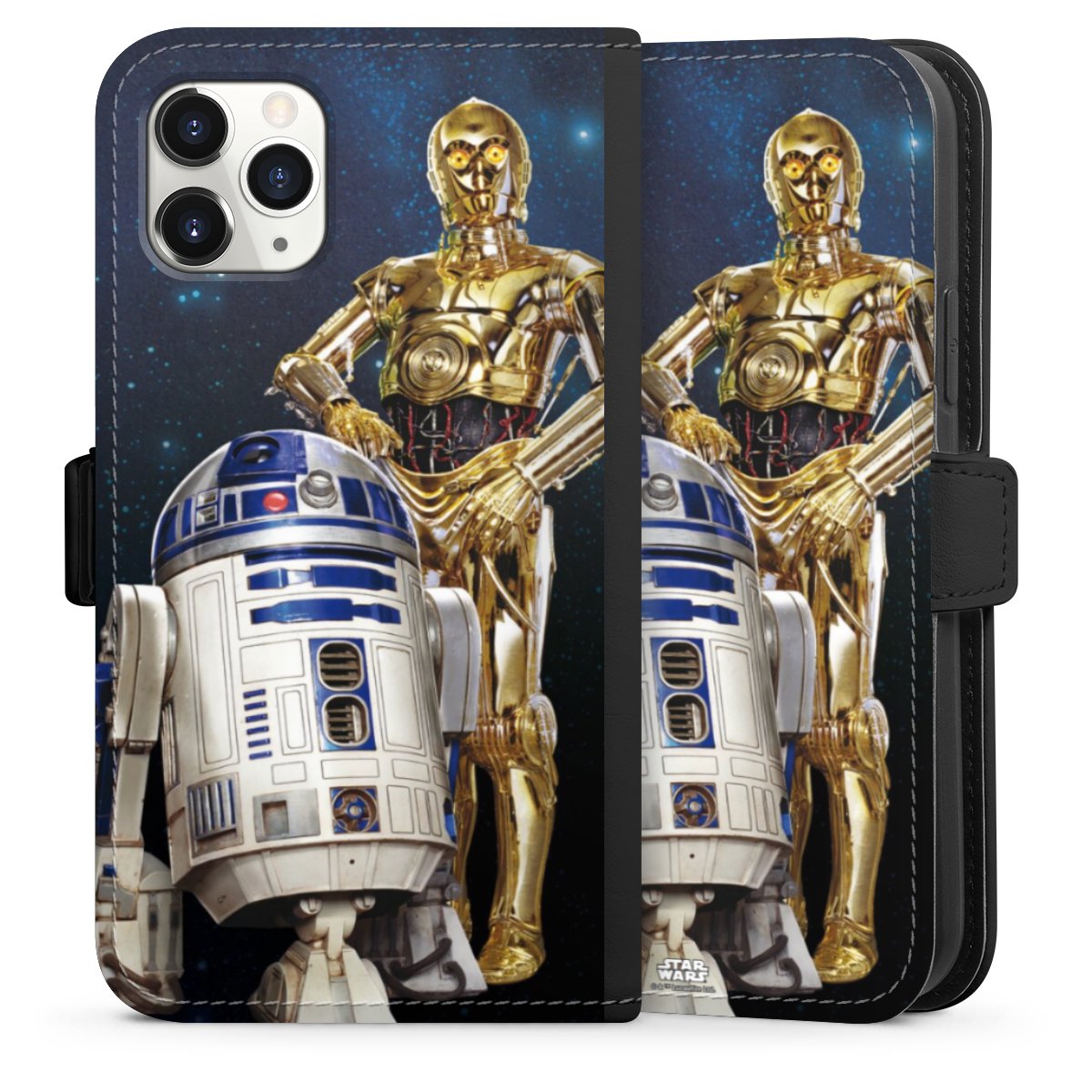 iPhone 11 Pro Handy Klapphülle Handyhülle aus Kunst Leder schwarz Flip Case Weltall Star Wars R2d2 Sideflip mit Lasche