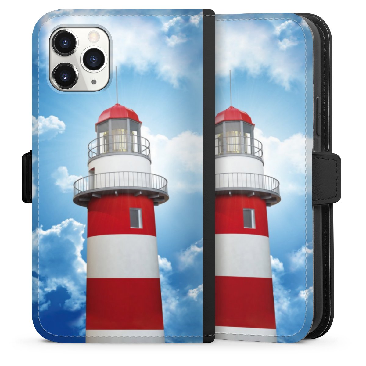 iPhone 11 Pro Handy Klapphülle Handyhülle aus Kunst Leder schwarz Flip Case Lighthouse Sky Cloud Sideflip mit Lasche