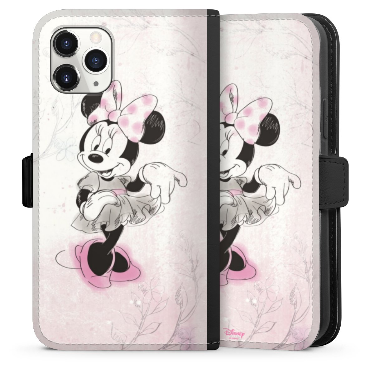 iPhone 11 Pro Handy Klapphülle Handyhülle aus Kunst Leder schwarz Flip Case Disney Minnie Mouse Vintage Sideflip mit Lasche