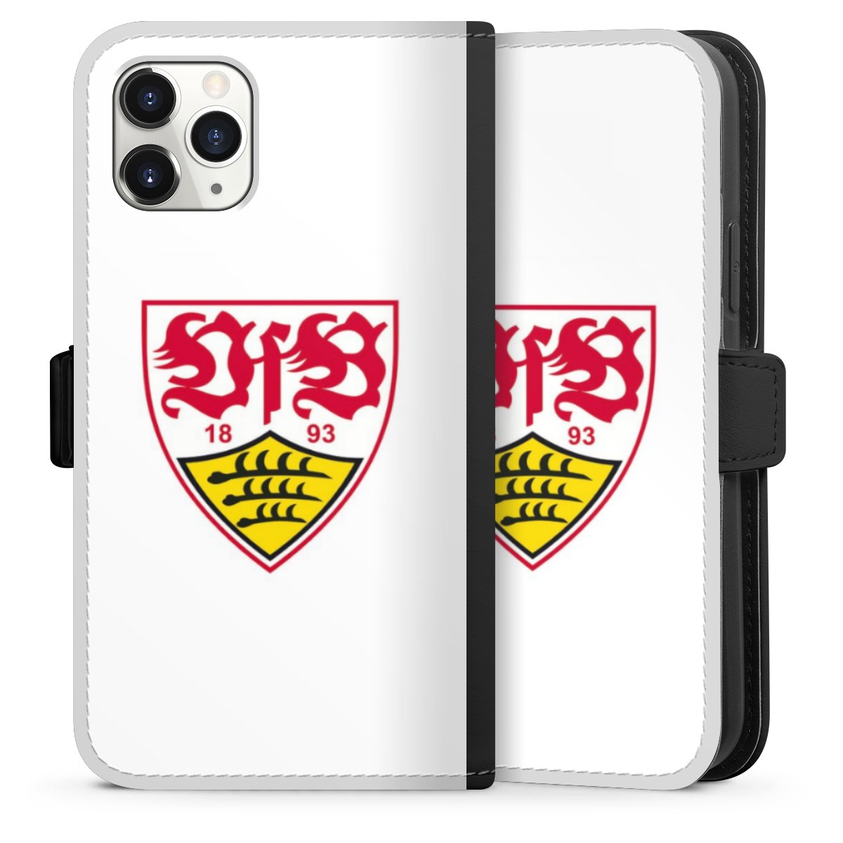 iPhone 11 Pro Handy Klapphülle Handyhülle aus Kunst Leder schwarz Flip Case Logo Official Licensed Product Vfb Stuttgart Sideflip mit Lasche