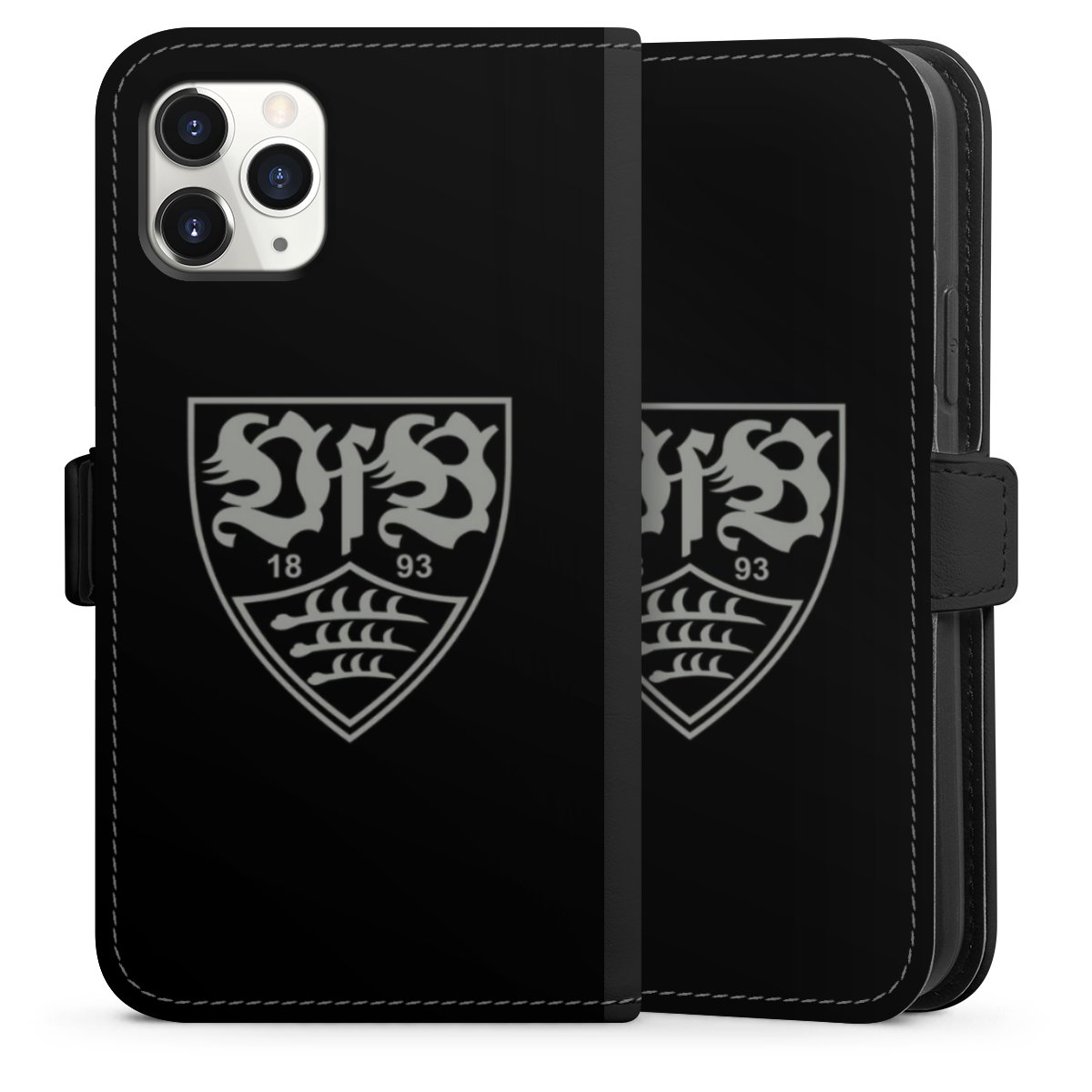 iPhone 11 Pro Handy Klapphülle Handyhülle aus Kunst Leder schwarz Flip Case Official Licensed Product Vfb Stuttgart Sideflip mit Lasche