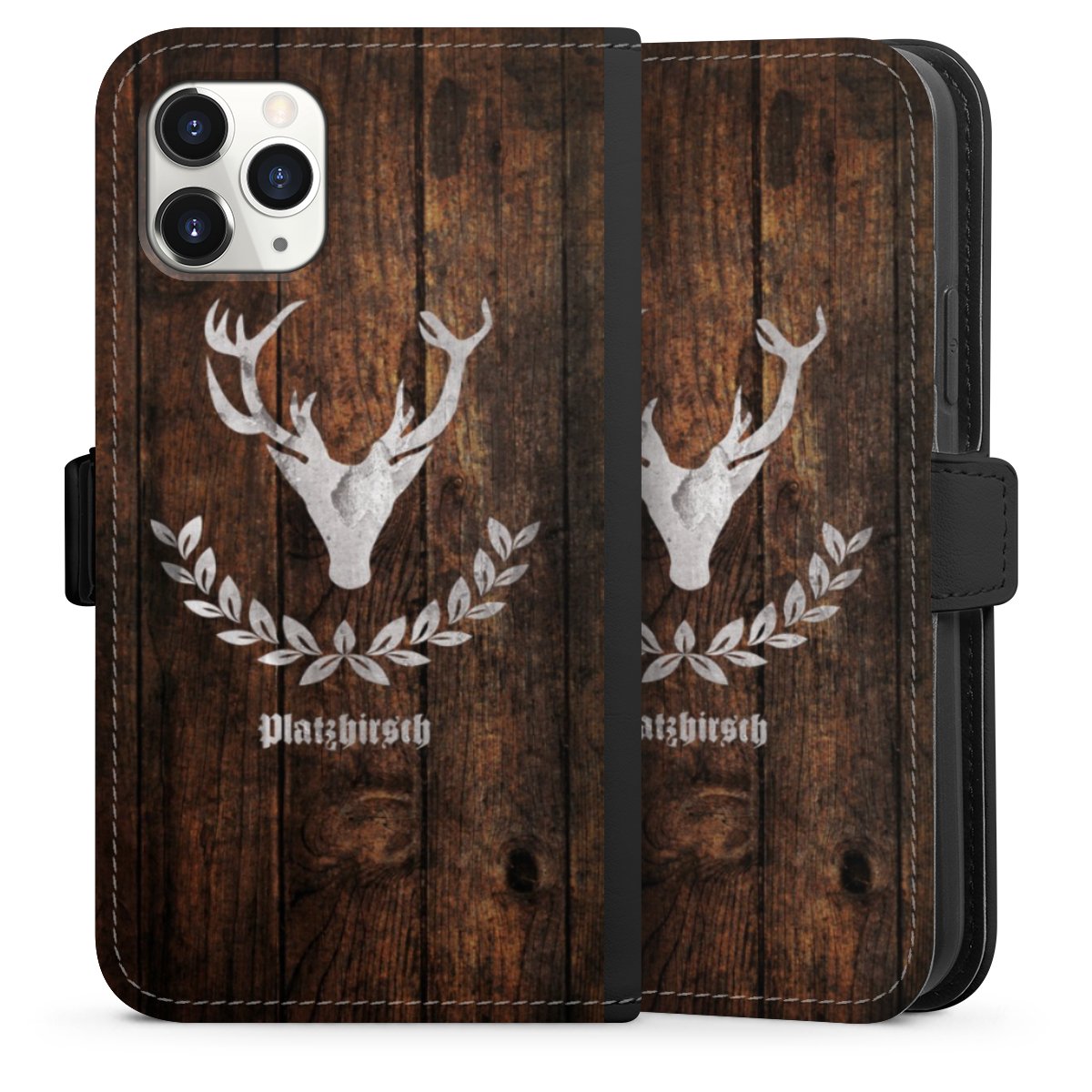 iPhone 11 Pro Handy Klapphülle Handyhülle aus Kunst Leder schwarz Flip Case Deer Wood Wooden Look Sideflip mit Lasche