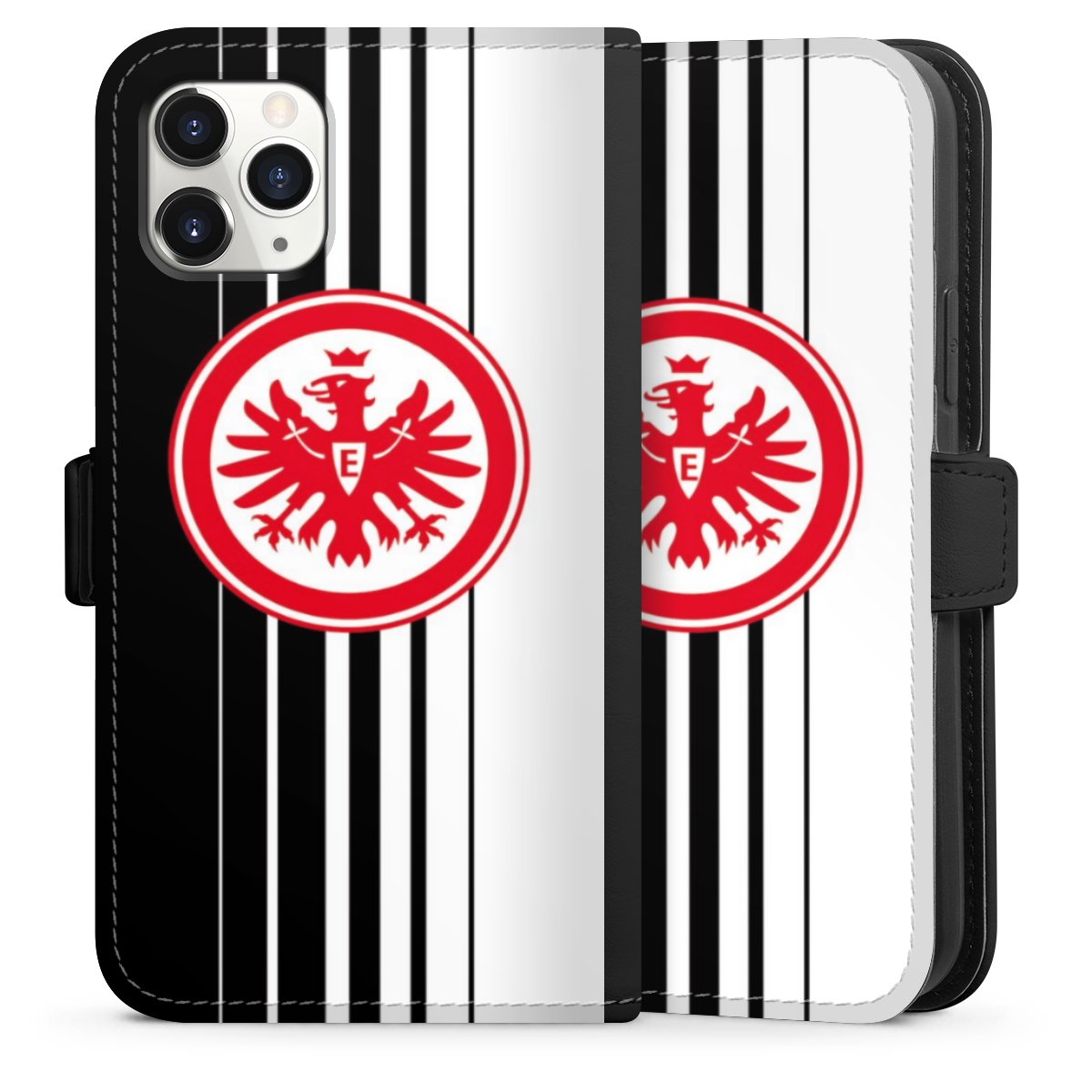 iPhone 11 Pro Handy Klapphülle Handyhülle aus Kunst Leder schwarz Flip Case Stripes Eintracht Frankfurt Official Licensed Product Sideflip mit Lasche