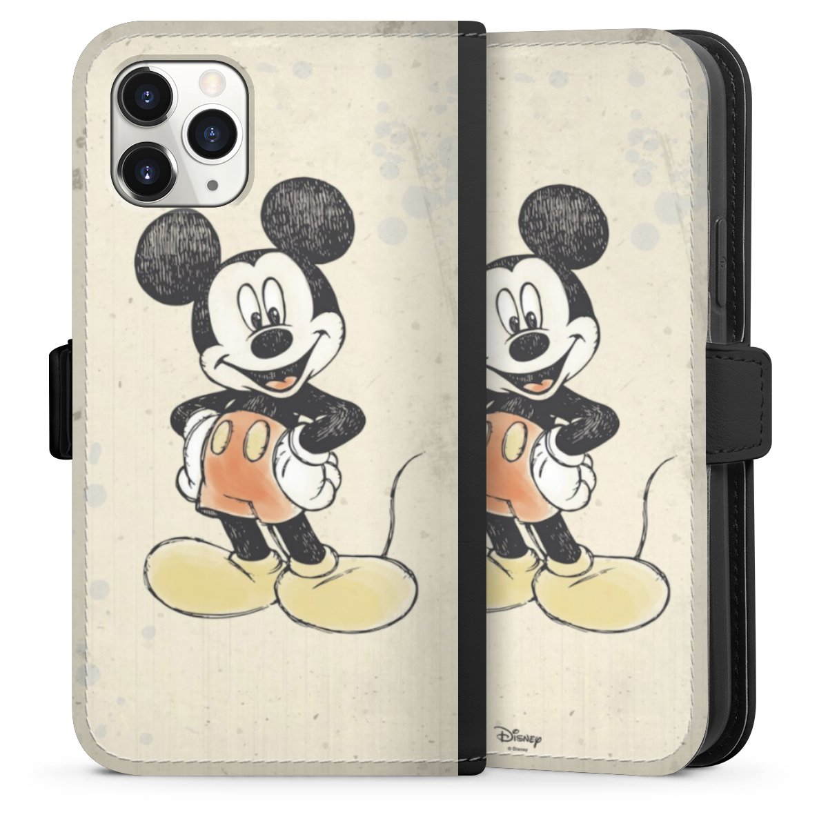 iPhone 11 Pro Handy Klapphülle Handyhülle aus Kunst Leder schwarz Flip Case Water Colour Mickey & Minnie Mouse Official Licensed Product Sideflip mit Lasche