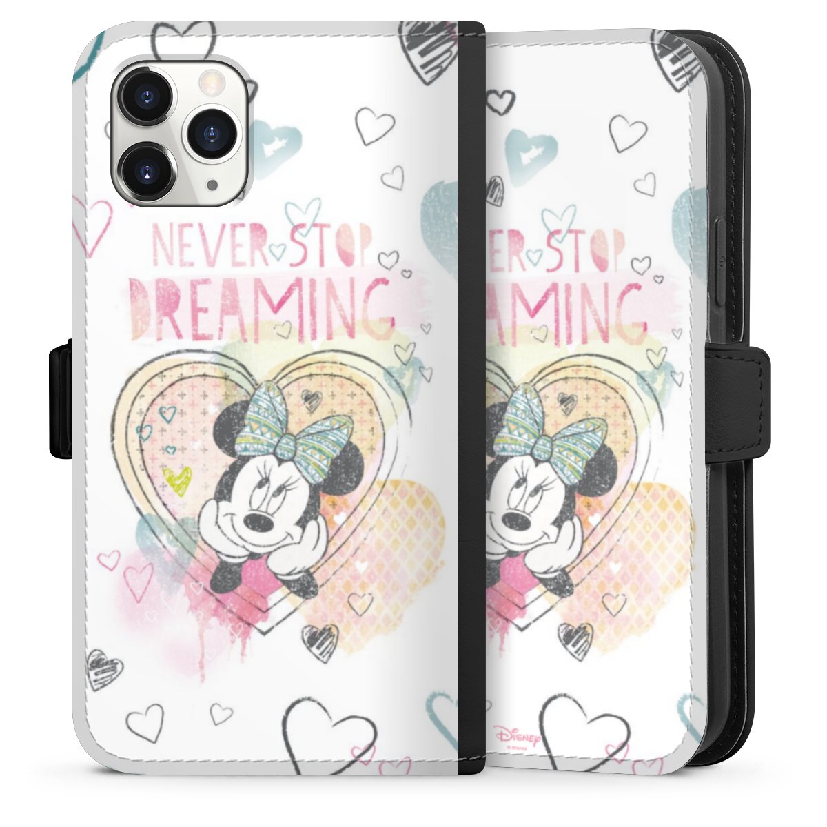 iPhone 11 Pro Handy Klapphülle Handyhülle aus Kunst Leder schwarz Flip Case Disney Official Licensed Product Minnie Mouse Sideflip mit Lasche