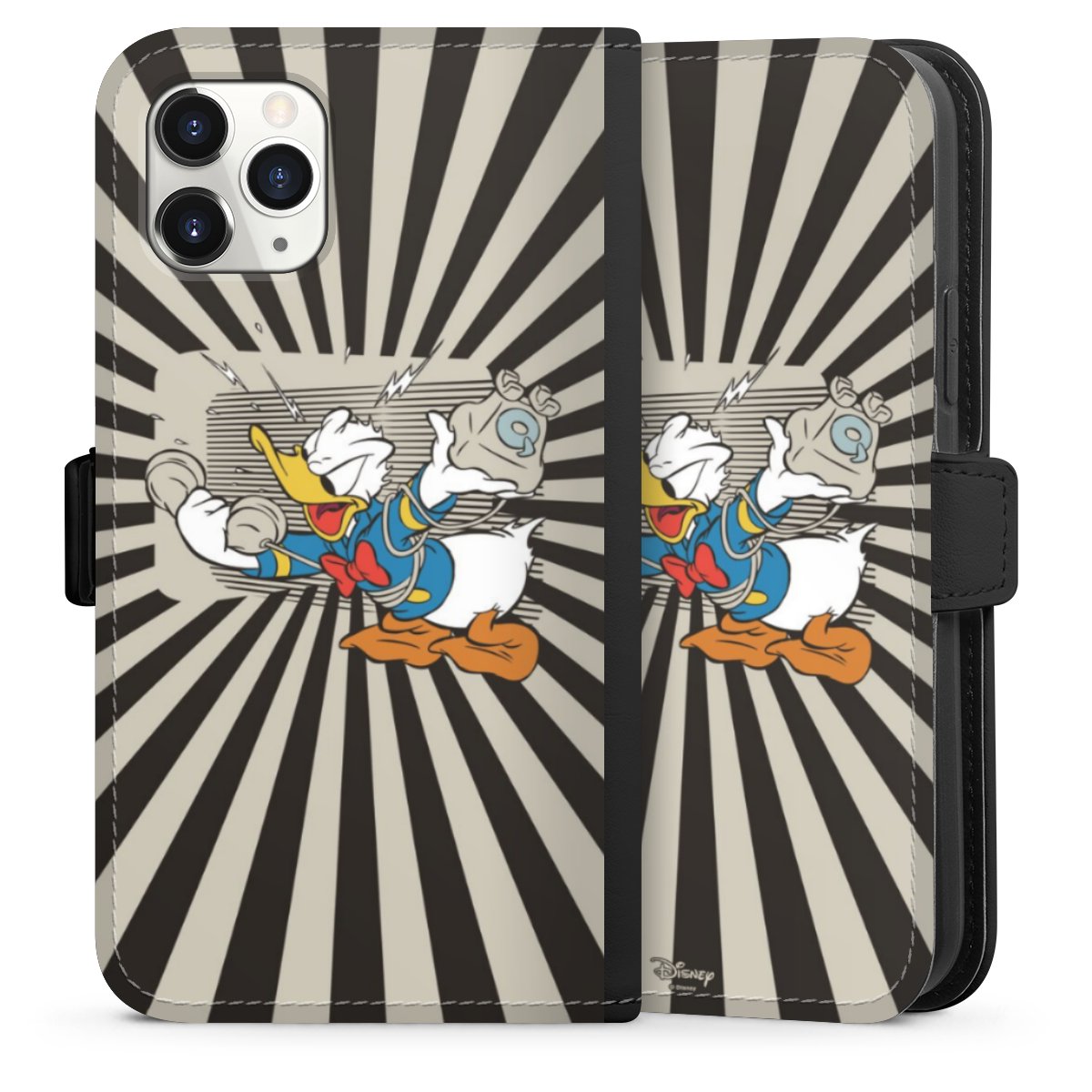 iPhone 11 Pro Handy Klapphülle Handyhülle aus Kunst Leder schwarz Flip Case Donald Duck Disney Official Licensed Product Sideflip mit Lasche