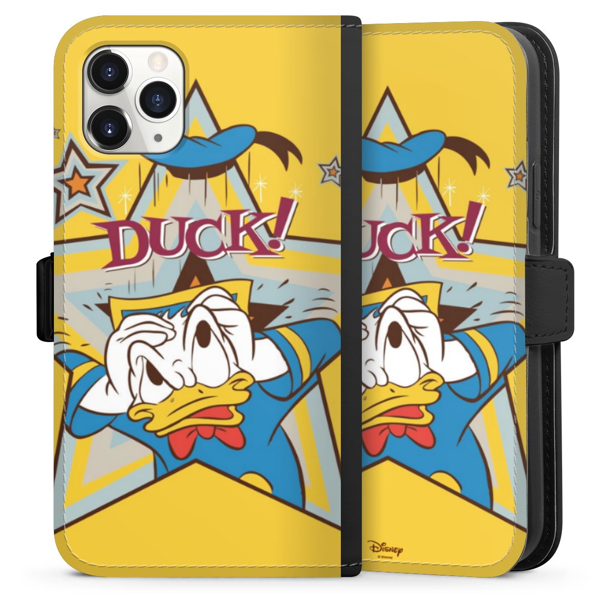 iPhone 11 Pro Handy Klapphülle Handyhülle aus Kunst Leder schwarz Flip Case Official Licensed Product Donald Duck Disney Sideflip mit Lasche