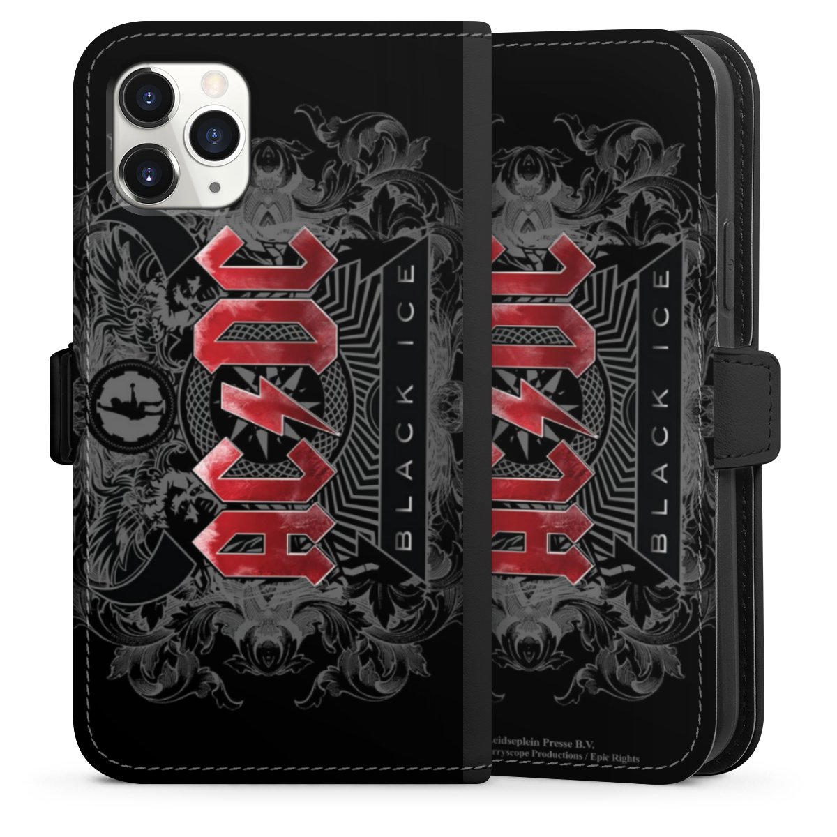 iPhone 11 Pro Handy Klapphülle Handyhülle aus Kunst Leder schwarz Flip Case Merchandise Black Ice Acdc Sideflip mit Lasche