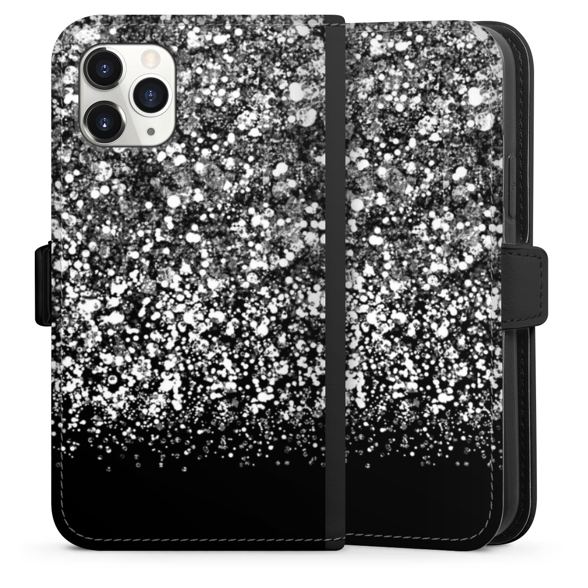 iPhone 11 Pro Handy Klapphülle Handyhülle aus Kunst Leder schwarz Flip Case Glitzer Snowflake Muster Sideflip mit Lasche