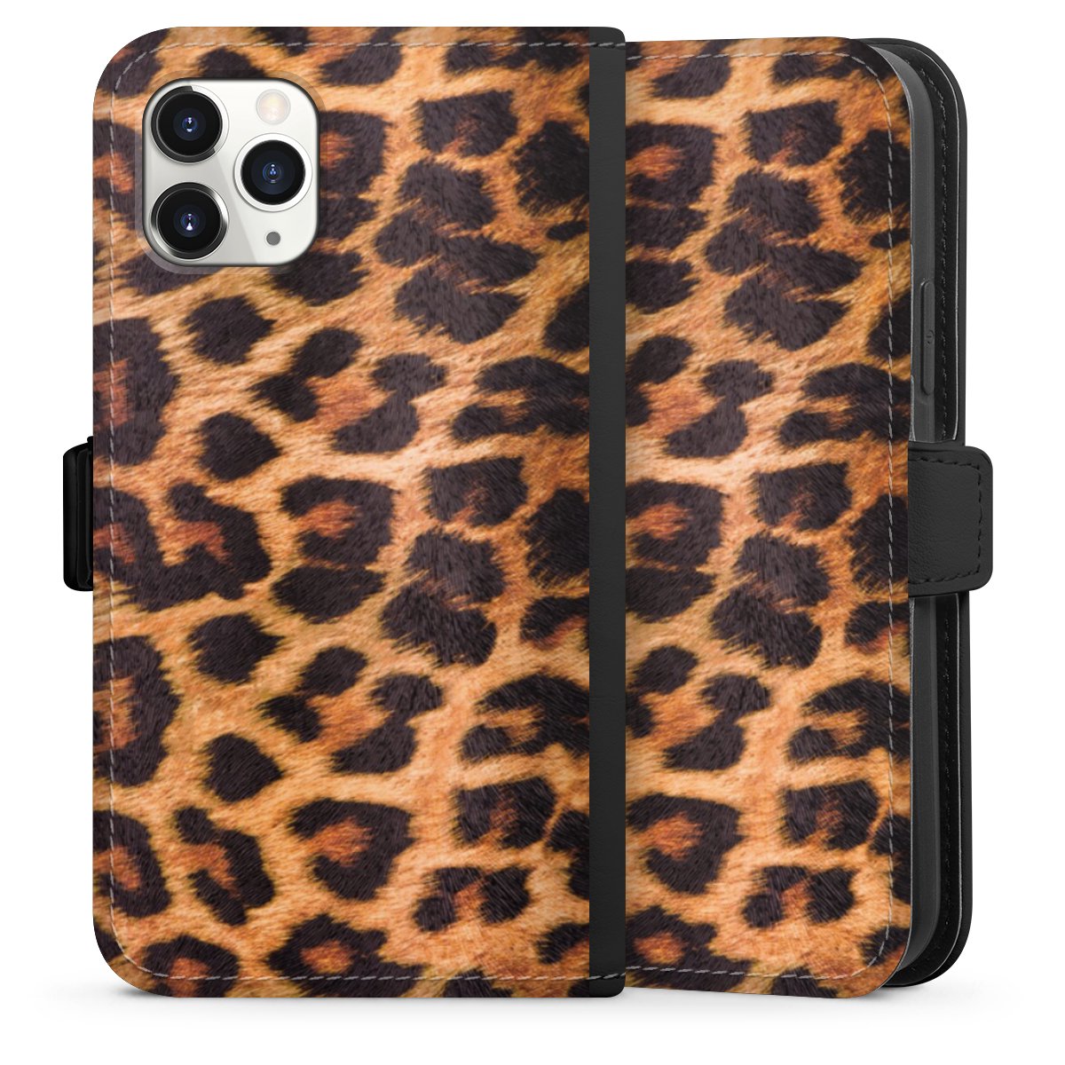 iPhone 11 Pro Handy Klapphülle Handyhülle aus Kunst Leder schwarz Flip Case Animal Print Leopard Fur Sideflip mit Lasche