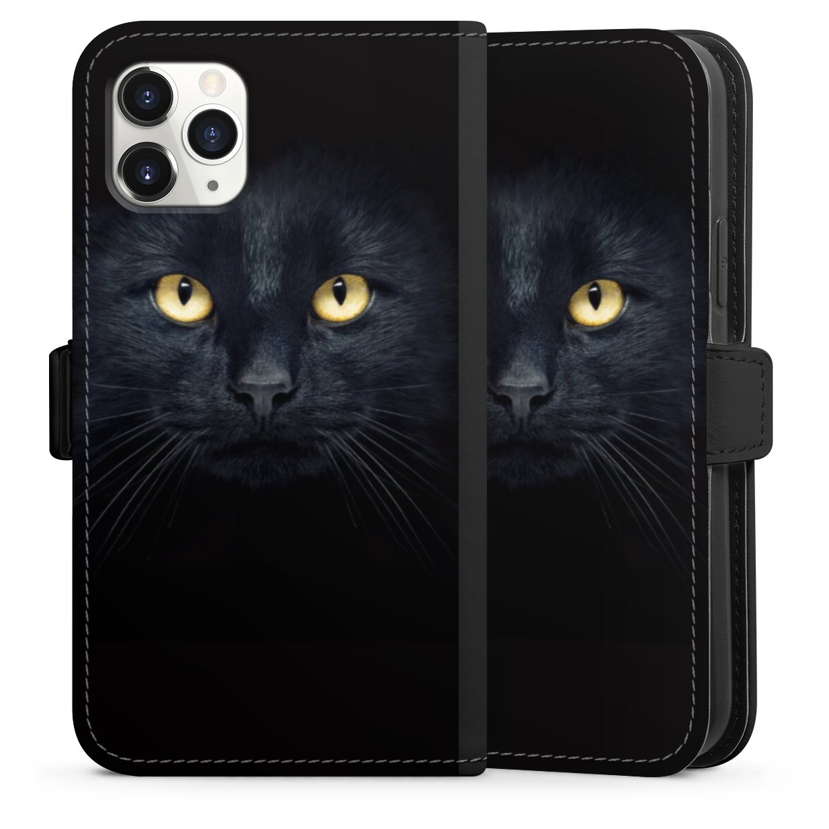 iPhone 11 Pro Handy Klapphülle Handyhülle aus Kunst Leder schwarz Flip Case Eye Cat Black Sideflip mit Lasche