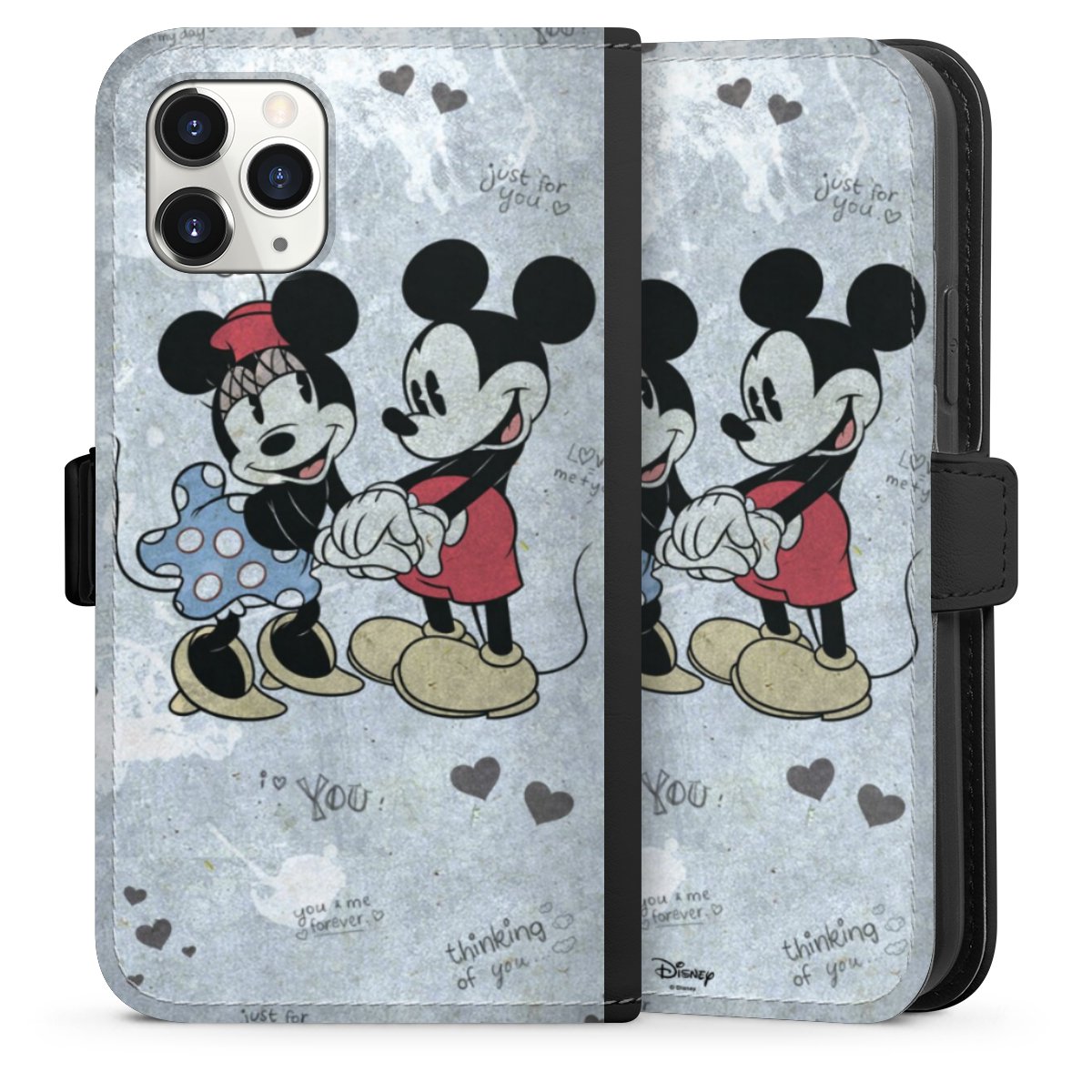 iPhone 11 Pro Handy Klapphülle Handyhülle aus Kunst Leder schwarz Flip Case Mickey & Minnie Mouse Vintage Disney Sideflip mit Lasche