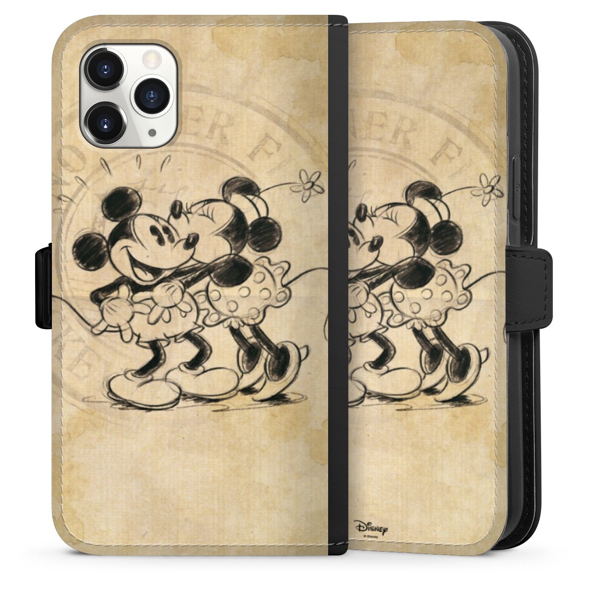 iPhone 11 Pro Handy Klapphülle Handyhülle aus Kunst Leder schwarz Flip Case Mickey Mouse Vintage Minnie Mouse Sideflip mit Lasche