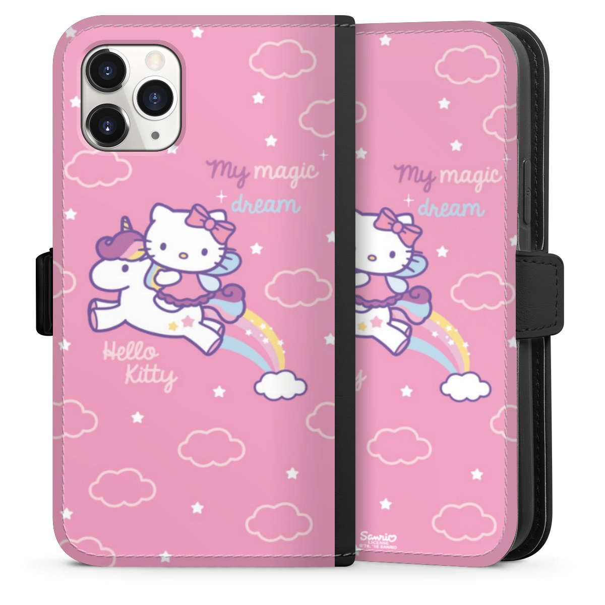 iPhone 11 Pro Handy Klapphülle Handyhülle aus Kunst Leder schwarz Flip Case Einhorn Official Licensed Product Hello Kitty Sideflip mit Lasche