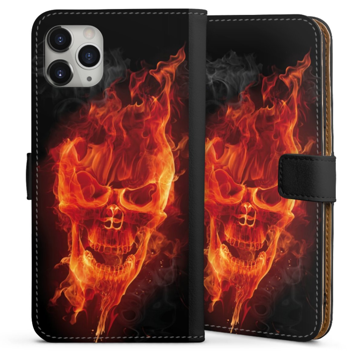 iPhone 11 Pro Max Handy Klapphülle Handyhülle aus Kunst Leder schwarz Flip Case Totenkopf Skull Fire Sideflip mit Lasche