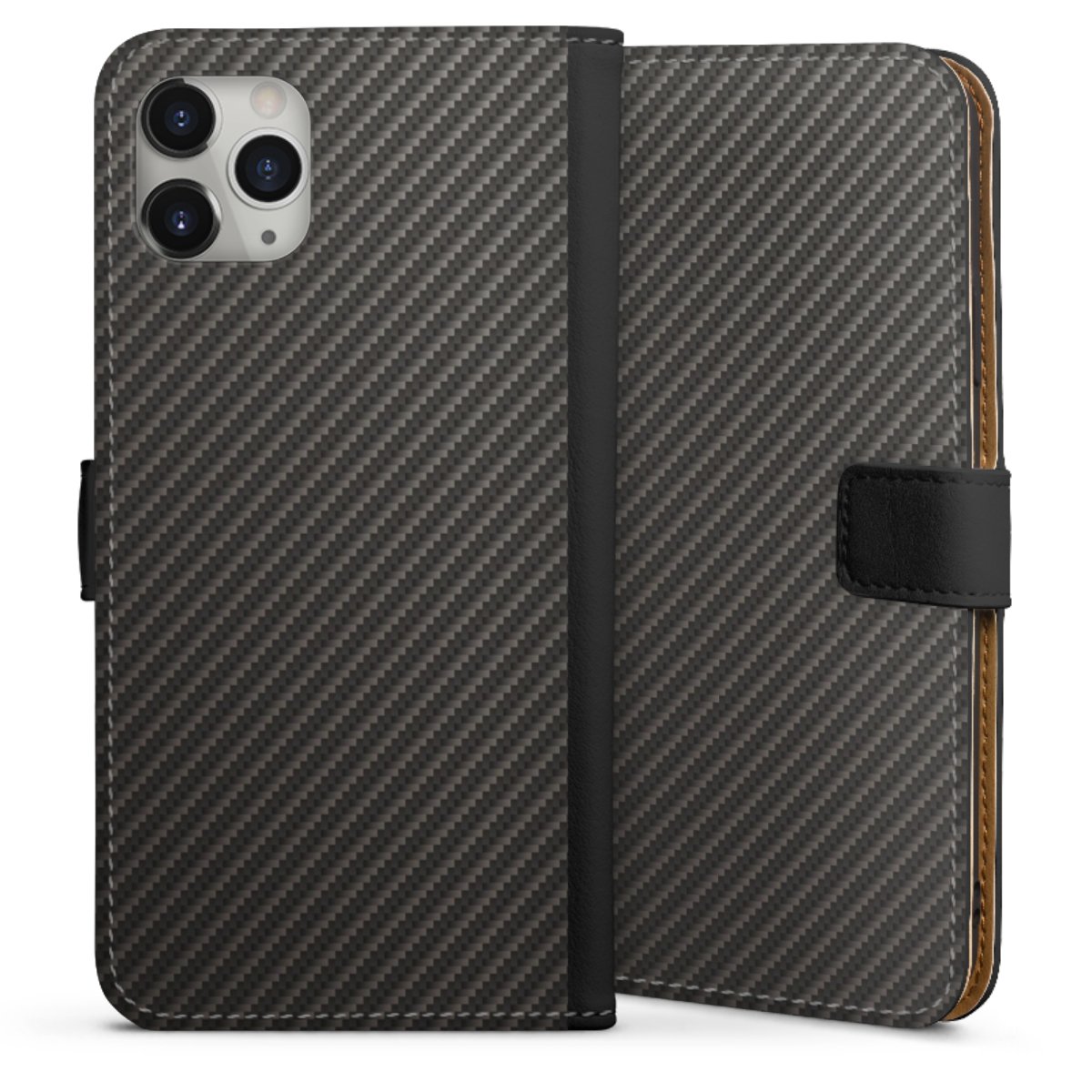 iPhone 11 Pro Max Handy Klapphülle Handyhülle aus Kunst Leder schwarz Flip Case Metallic Look Carbon Muster Sideflip mit Lasche