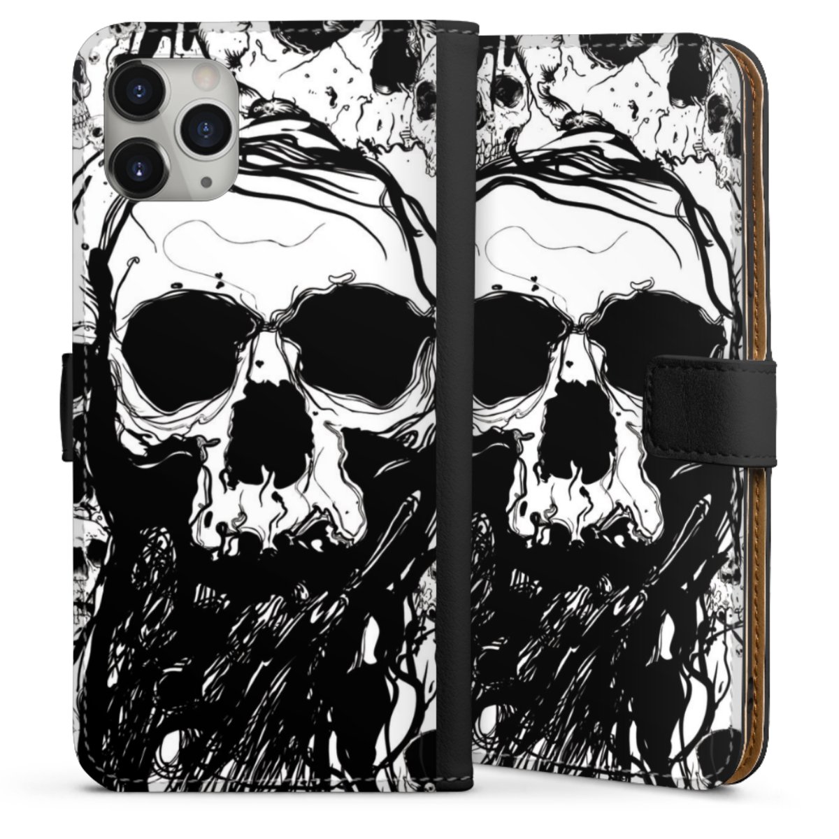 iPhone 11 Pro Max Handy Klapphülle Handyhülle aus Kunst Leder schwarz Flip Case Totenkopf Halloween Sideflip mit Lasche