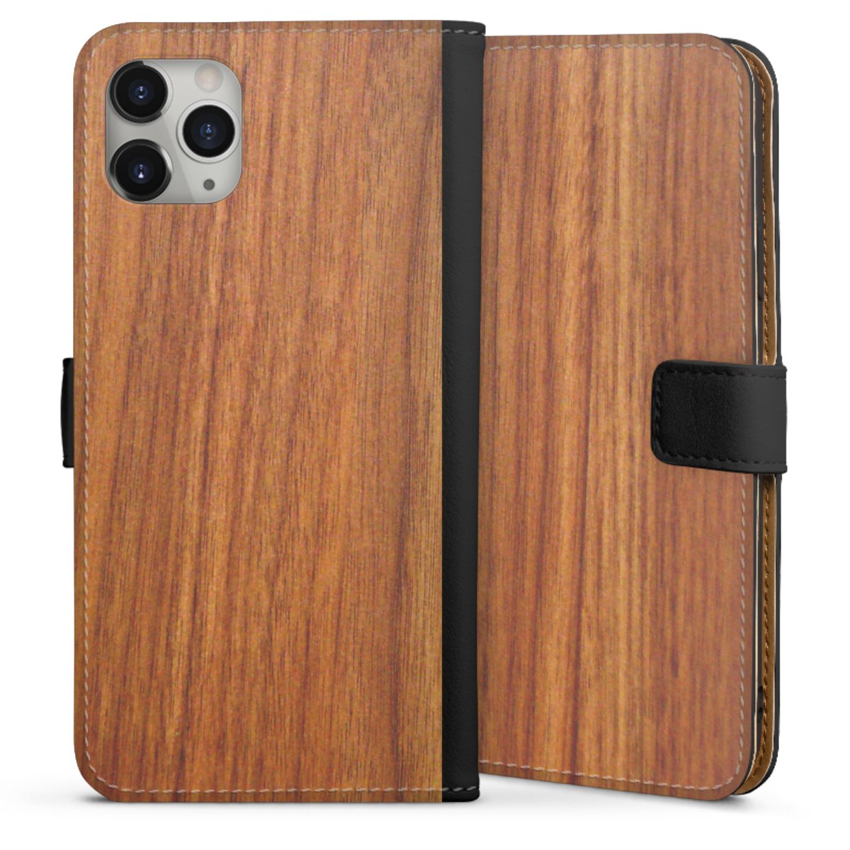 iPhone 11 Pro Max Handy Klapphülle Handyhülle aus Kunst Leder schwarz Flip Case Wood Larch Wooden Look Sideflip mit Lasche