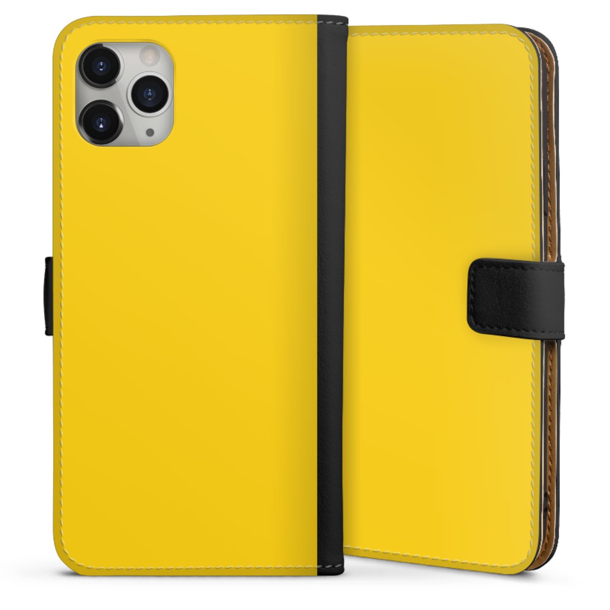 iPhone 11 Pro Max Handy Klapphülle Handyhülle aus Kunst Leder schwarz Flip Case Yellow Unicoloured Colour Sideflip mit Lasche