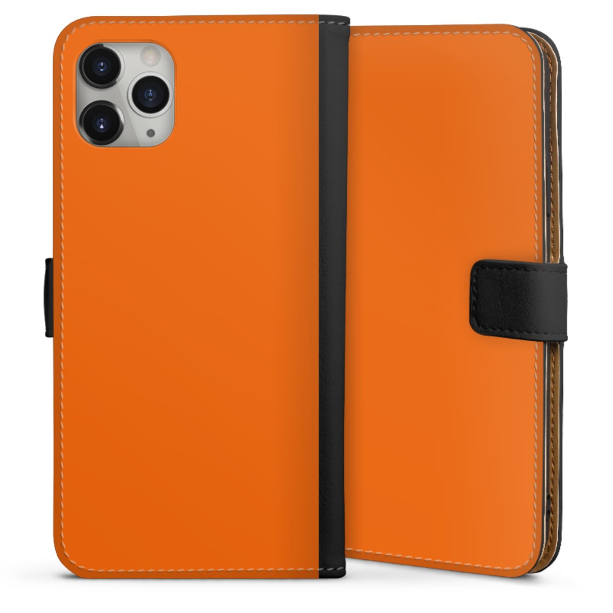 iPhone 11 Pro Max Handy Klapphülle Handyhülle aus Kunst Leder schwarz Flip Case Orange Colour Unicoloured Sideflip mit Lasche