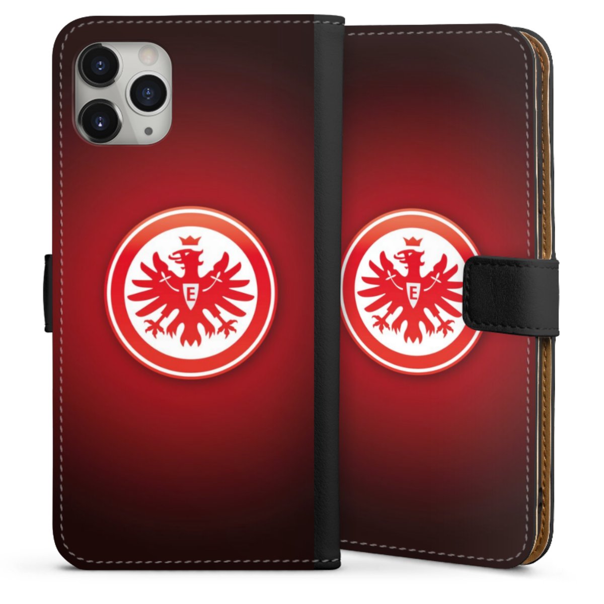 iPhone 11 Pro Max Handy Klapphülle Handyhülle aus Kunst Leder schwarz Flip Case Eintracht Frankfurt Official Licensed Product Coat Of Arms Sideflip mit Lasche